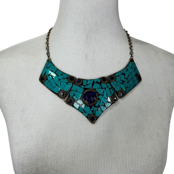 Boho Turquoise Mosaic Collar Necklace Statement Piece Tribal Festival Unique - Picture 1 of 5
